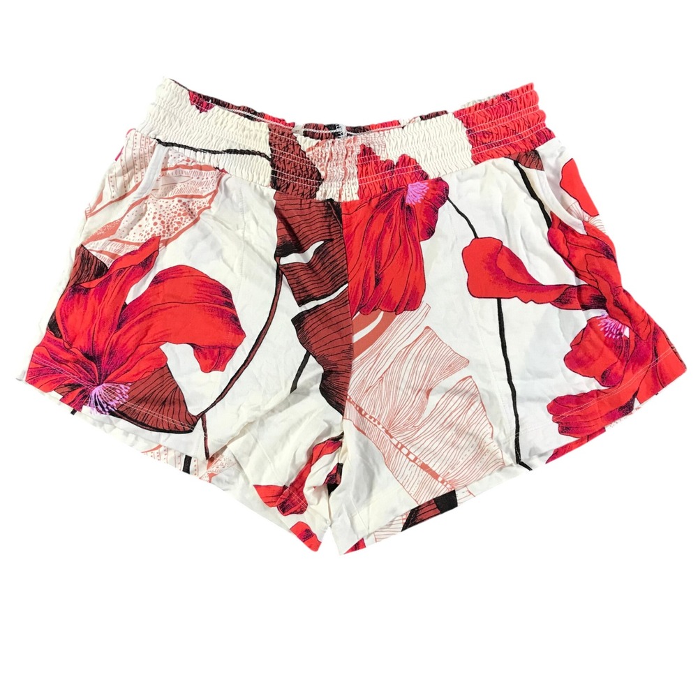 Soma Cool Nights Red White Tropical Floral Pajama Shorts Womens Medium Smocked